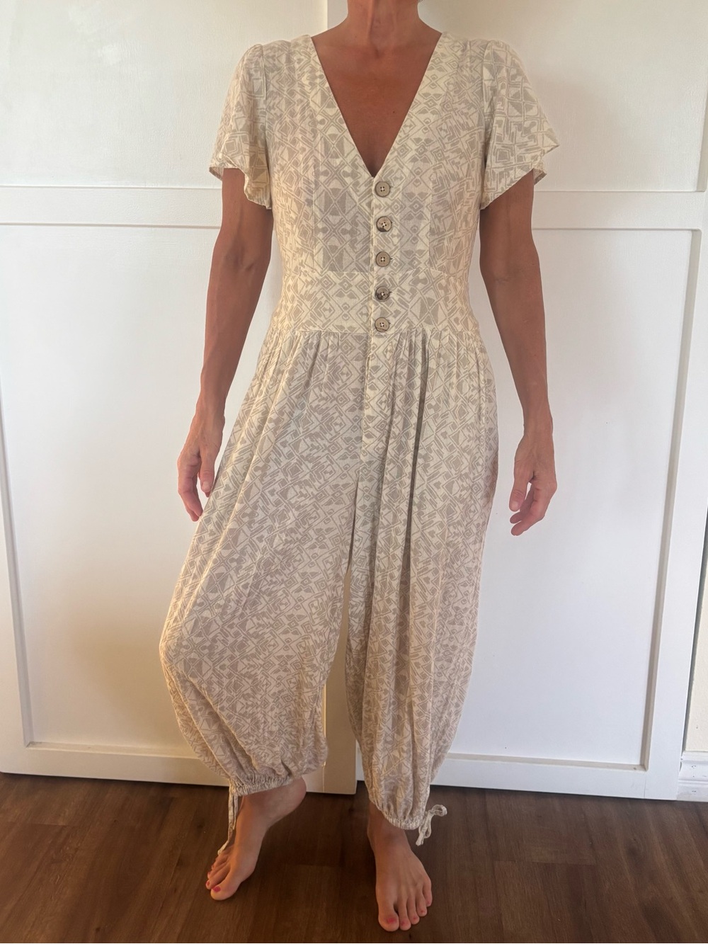 Free People Women's Cream Patterned Button-Front Jumpsuit